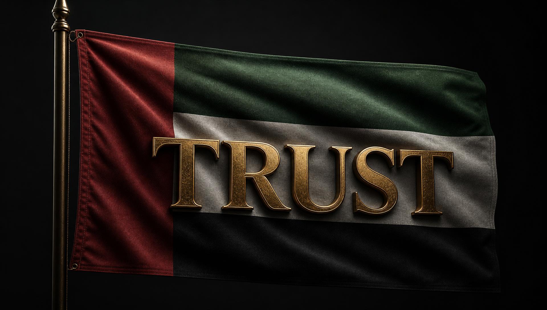 UAE flag with gold embossed letters spelling "TRUST"