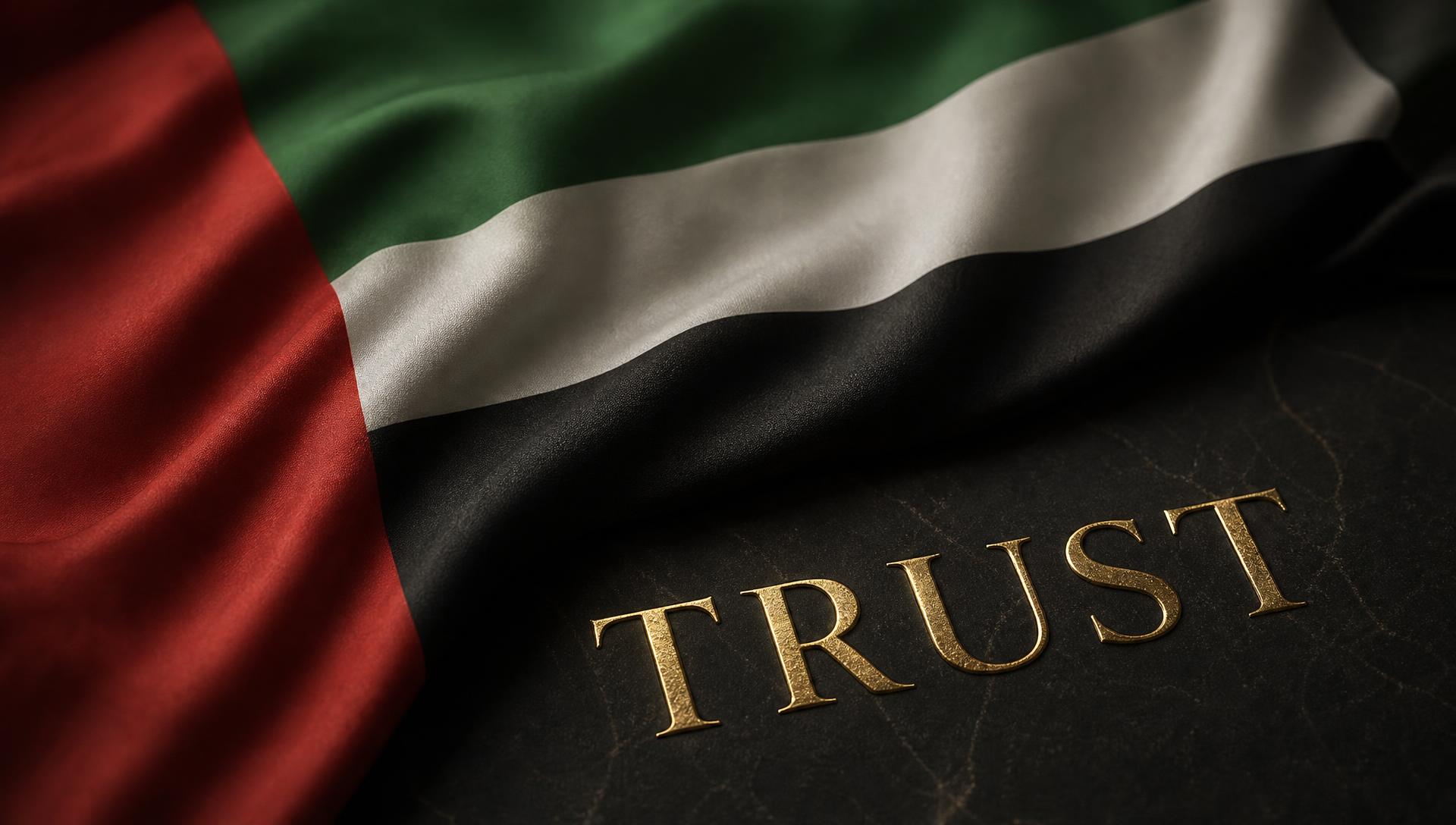 UAE flag silk folds beside gold foil "TRUST" lettering