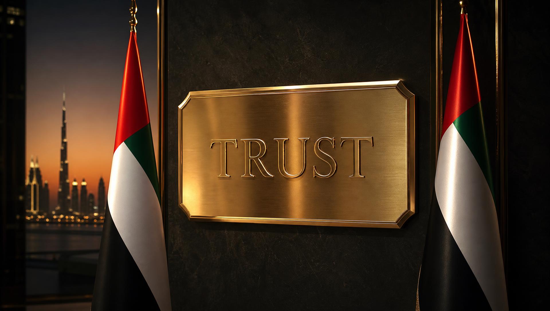 Gold "TRUST" plaque flanked by UAE flags with the Dubai skyline at dusk